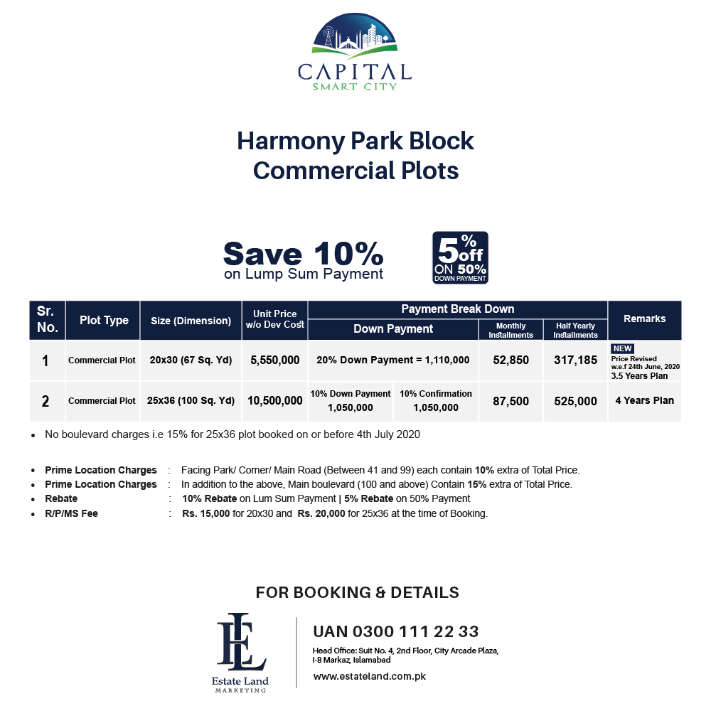 harmony park block commercial payment plan of smart city Islamabad
