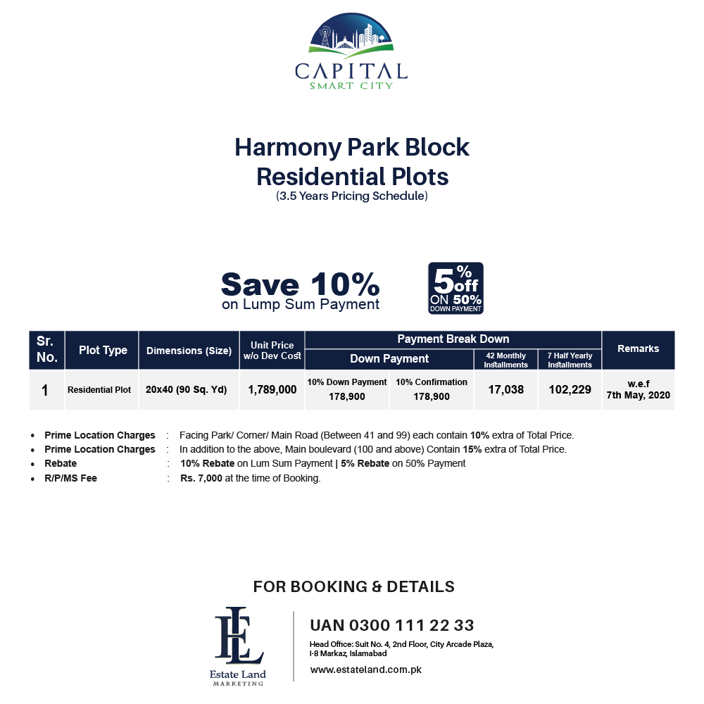 harmony park block residential plot payment plan of smart city Islamabad