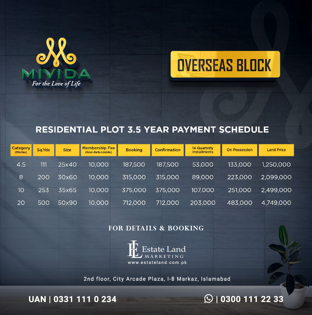 overseas block payment plan of mivida Islamabad