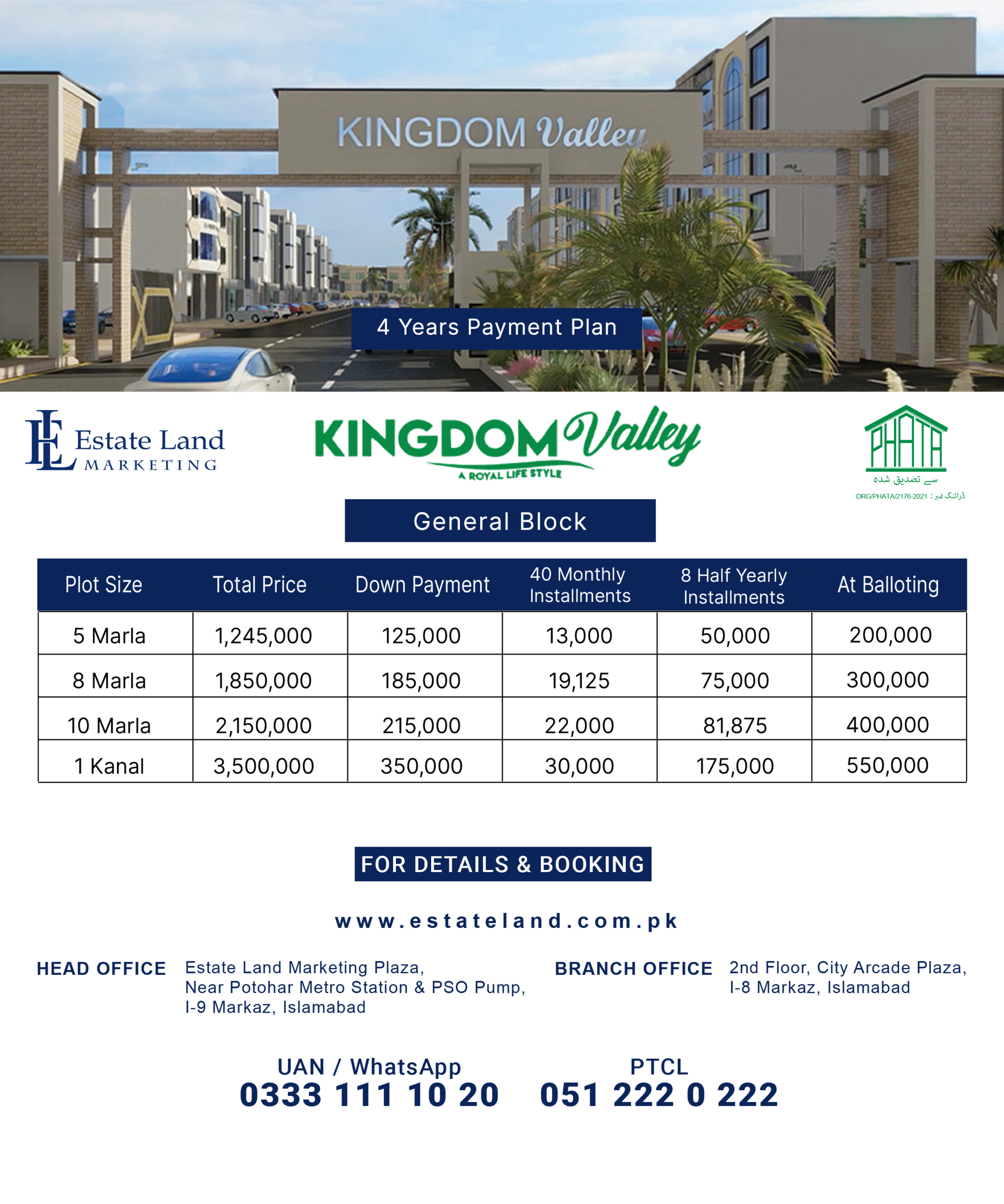 Updated Payment Plan General block of kingdom valley Islamabad