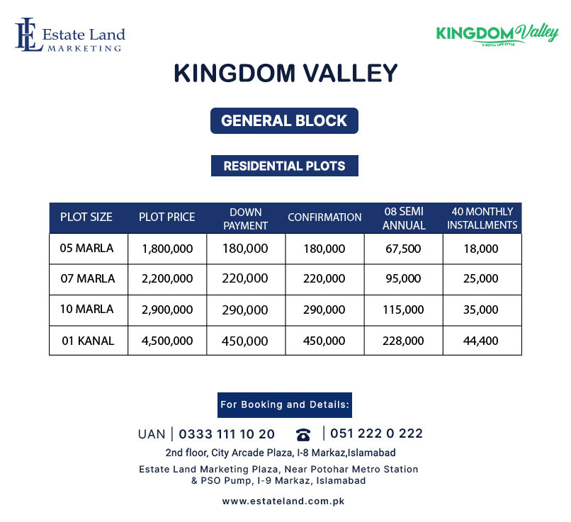 Kingdom Valley General Block Residential Plots New Payment Plan 