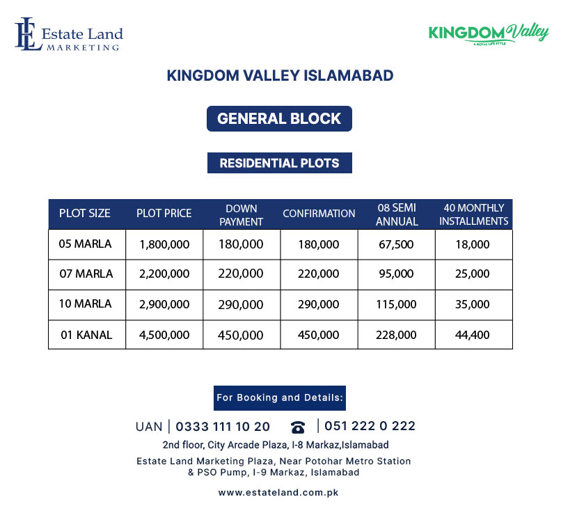 Kingdom Valley General Block Residential Plots New Payment Plan 