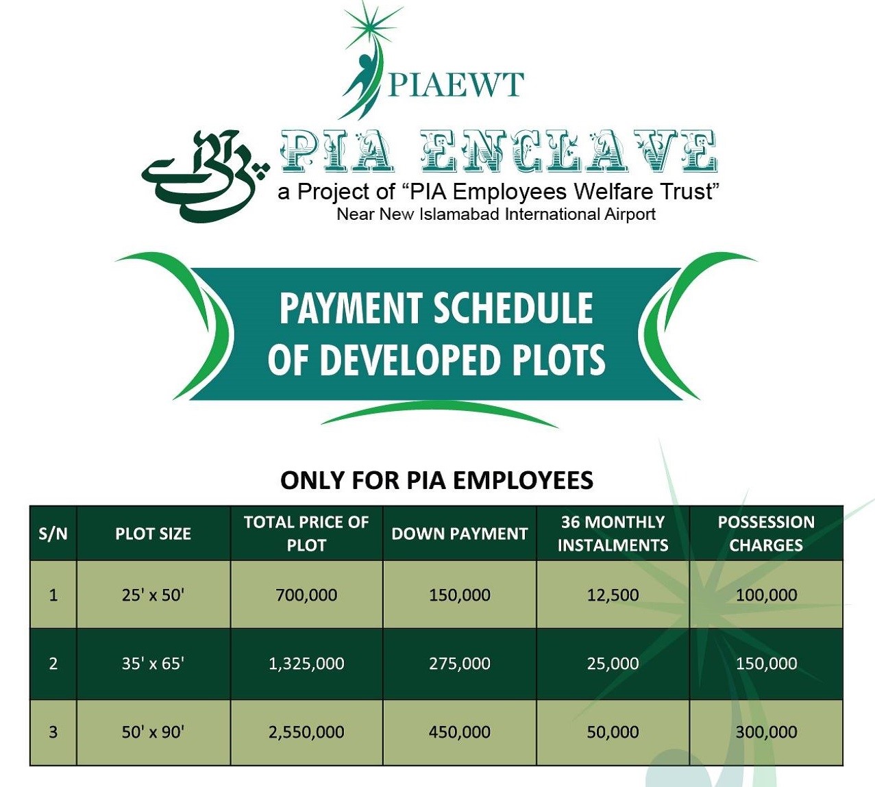 Payment Schedule only for employees of Pia Enclave