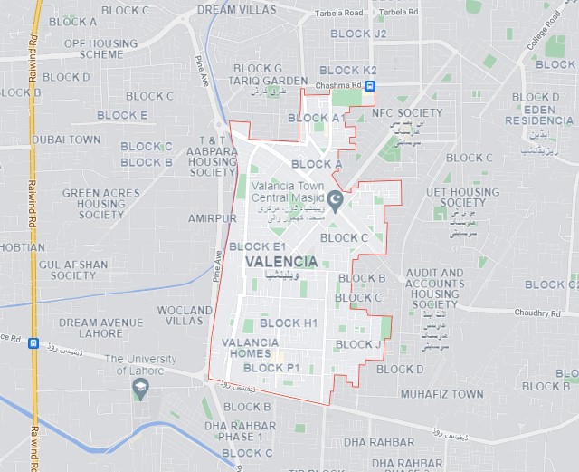 Valencia town Lahore loation map