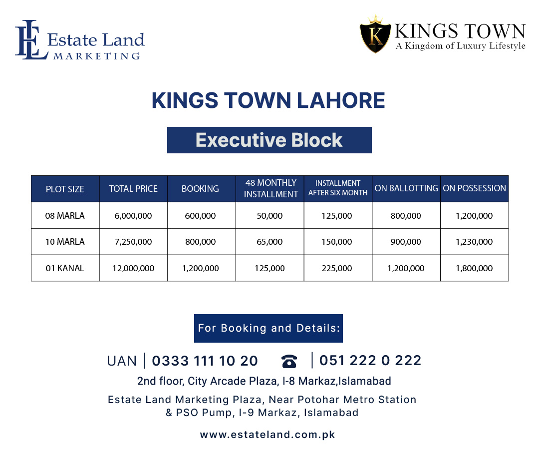 Kings Town Lahore executive block payment plan